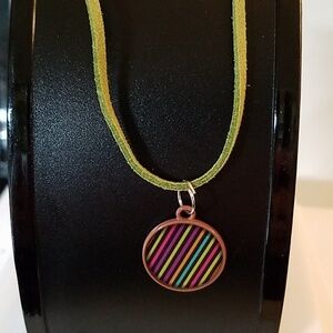 Vegan Suede Necklace 18" Green Striped Charm NWT